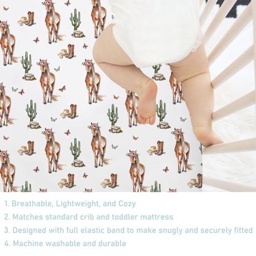 Image of Watercolor Cowboy Horse Floral Baby Crib Sheet 52''x28'' Western Cowboy Boots Hats Cactus Stretchy Fitted Crib Mattress Cover for Boy Girl Wild Soft Baby Sheets for Standard Crib Toddler Mattress