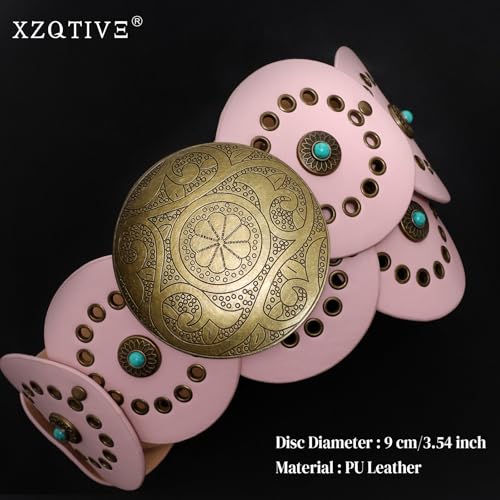Image of XZQTIVE Western PU Leather Belts for Woman Concho Cowgirl Cowboy Disc Belt for Ladies Wide Boho Country Waist Belts for Dress
