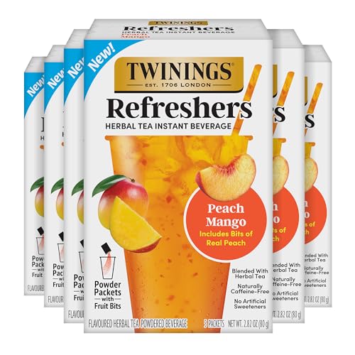 Image of Twinings Peach Mango Refreshers, Herbal Tea Instant Beverage with Real Peach Fruit Bits, 5 Count (Pack of 6), Cafe Style, No Artificial Sweeteners, Naturally Caffeine-Free Refreshment, 30 Packets
