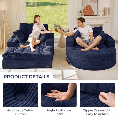 Image of MAXYOYO Modular Sectional Chaise Lounge Sofa, 2 Sets Upholstered Lounge Chair with Ottoman, Comfy Round+ Square Couch with Layered Cushion, Tufted Sleeper Chair for Living Room, No Assembly, Navy