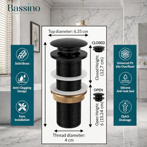 Image of BASSINO Premium 5 Inch Brass Waste Coupling /Washbasin Drainer /Rust-Proof Pop-Up for Basin /Drain Stopper for Tabletop, Wall-Mount & Pedestal Wash Basins(Matt Black)