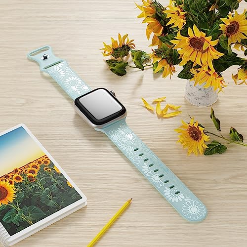 Image of Sunflower Engraved Band Compatible with Apple Watch Bands 38mm 40mm 41mm 42mm 44mm 45mm 49mm Women, Designer Soft Glossy Floral Silicone Strap for iWatch Series Ultra 11 10 9 8 7 6 SE 5 4 3 2 1