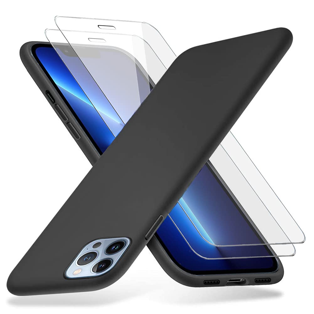 Richgle Compatible with iPhone 13 Pro Case & [2 Pack] Tempered Glass Screen Protector, Slim Soft TPU Silicone Case Cover Shell Compatible with iPhone 13 Pro (6.1") - Black RG81266