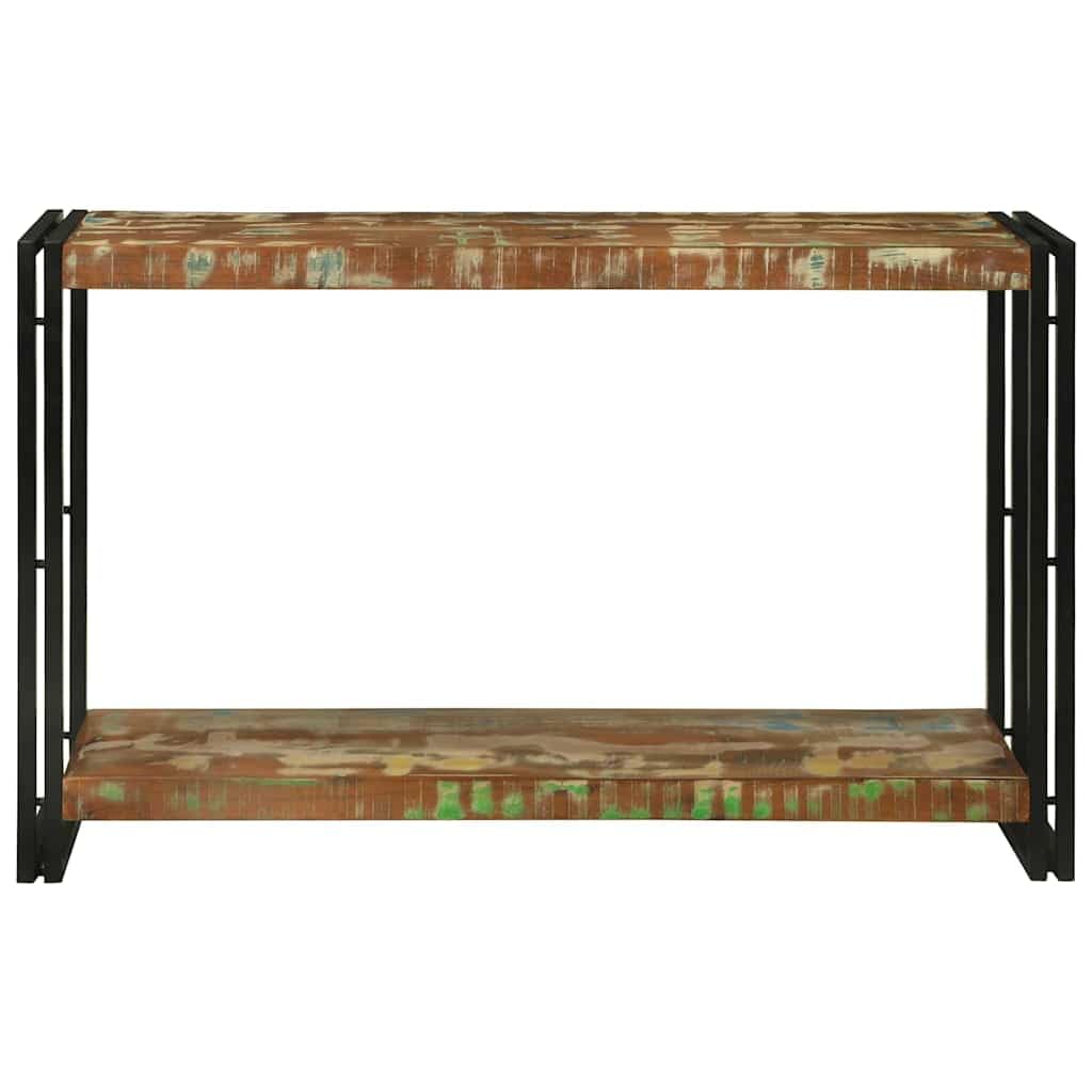 Table console moderne 120 x 33 x 75 cm en bois massif recyclé avec cadre en métal robuste, espace de rangement et veinures uniques pour salon, couloir ou entrée.