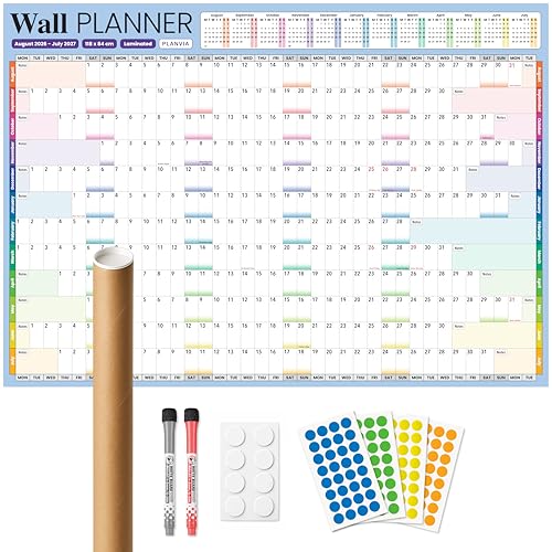 XL 2026-2027 Academic Year Wall Planner A0 (118 x 84cm) UK Calendar Laminated Rolled No Creases Erasable Yearly Wall Chart with Dry Erase Pens Adhesive Pads & Coloured Stickers Home Office by Planvia