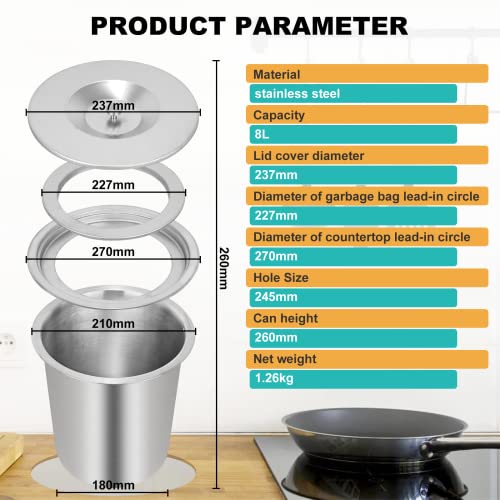 Image of Kitchen Cabinet Countertop Built-in Stainless Steel Trash Can 8L Embedded Trash Bin Trash Chute with Lid