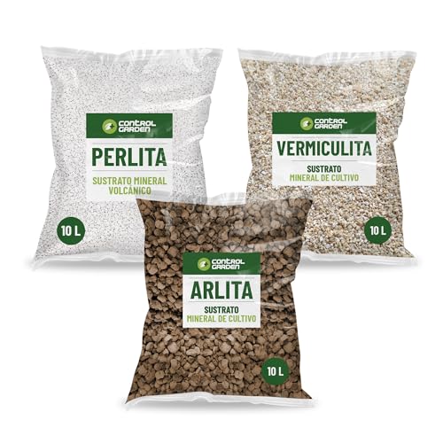 CONTROL GARDEN Pack Arlita 10L + Perlita 10L + Vermiculita 10L | Sustrato para Plantas y Cultivos Interior y Exterior | Fabricado en España