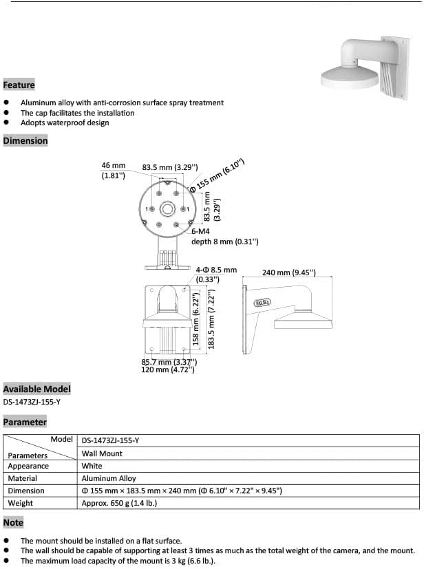 PC155 WMS WML DS-1473ZJ-155 Wall Mount Bracket Compatible with Turret Camera DS-2CD2387G2P-LSU/SL, Camera Not Includeded
