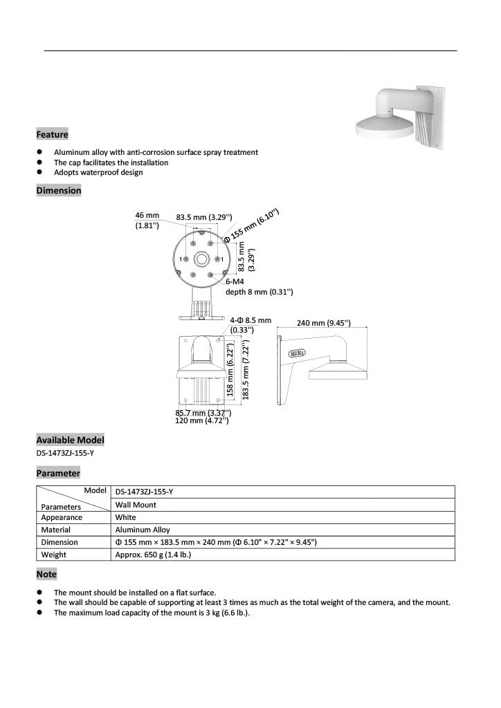 PC155 WMS WML DS-1473ZJ-155 Wandhalterung kompatibel mit Turret Kamera DS-2CD2387G2P-LSU/SL, Kamera nicht im Lieferumfang enthalten