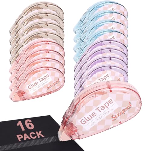 Image of Secopad Scrapbook Tape, 16 Pack Double Sided Tape Roller for Crafts, Adhesive Glue Runner Scrapbooking Supplies Journaling School Office Teacher Supplies, 0.3IN x 26FT, Clear Light-Colored Shell