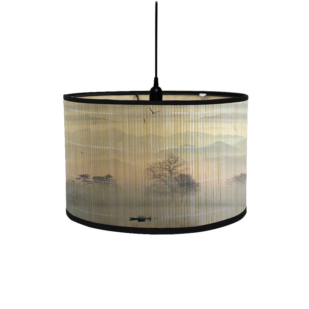 FANSU Bamboo Lamp Shades for Table Lamps, Chinese Style Round Drum Light Shade Woodsy Decor Pendant Lampshades,Pattern Chandelier Lamp Covers Ceiling Lampshade (Mountain Peaks,30 * 20cm)