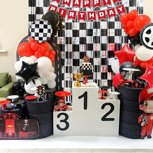 Image of Race Car Birthday Party Decoration, Including 2 Pack Black Silver Checkered Streamers, 22pcs Race Car Party Balloons & 1pcs Race Car Birthday Banner for One Happy Dude Race Car Theme Party Supplies