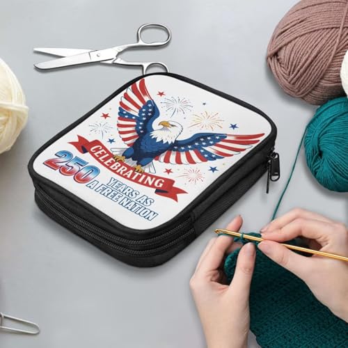 Image of Vanideaoty American Flag Crochet Hook Case Holiday Knitting Needle Storage with Web Pockets for 250th Anniversary Home Gifts