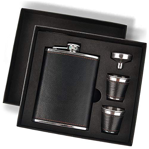 Hip Flask Gift Set,Hip Flasks for Liquor for Men with Black Leather Cover,8