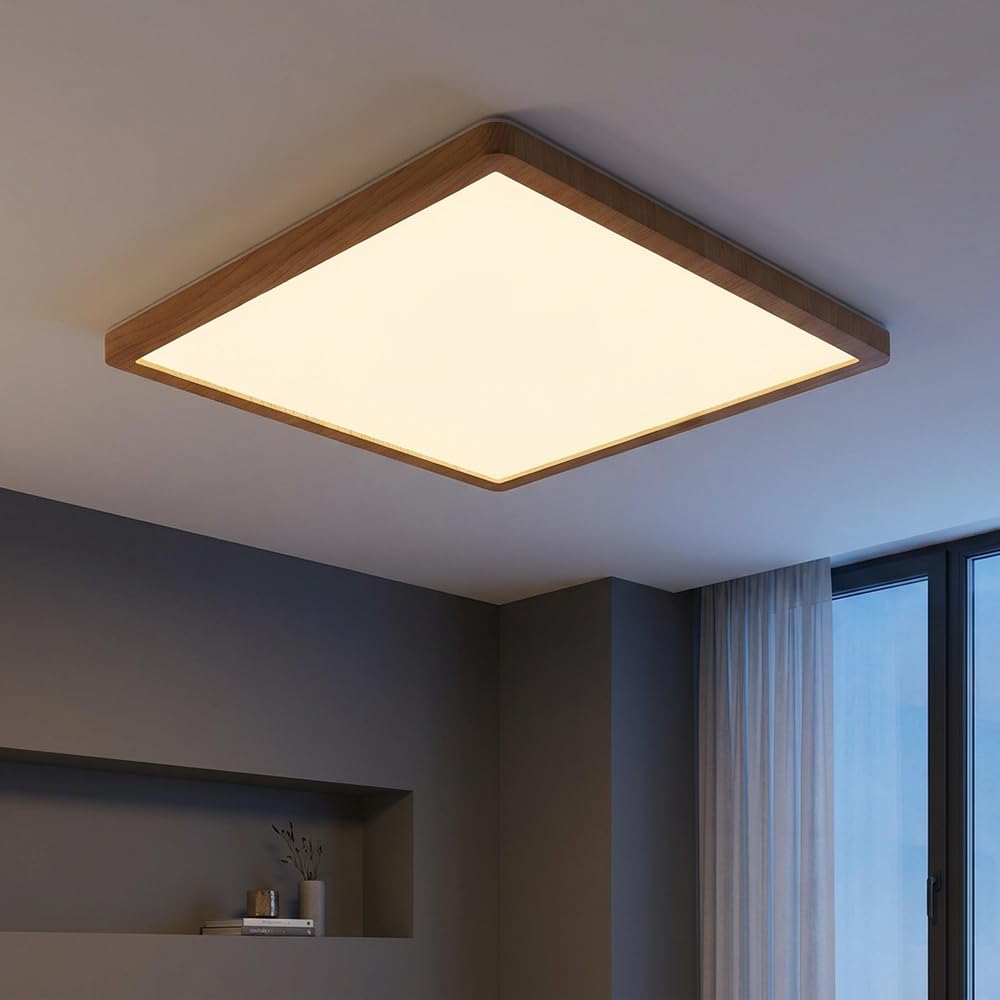 Deckenpanel Deckenlampe Deckenleuchte LED Panel Badezimmerlampe Badleuchte, IP44 Backlight Memoryfunktion 3 Stufen, Holzoptik opal, 24W 2300Lm warmweiß, LxBxH 42x42x2,5cm