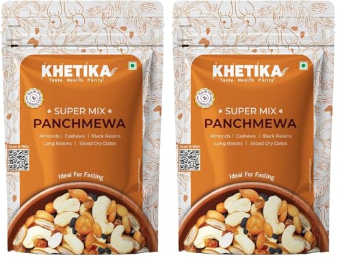 Image of Khetika Premium Panchmeva 200g | 5 Superfood in 1 Mix, Dry Fruits, Mixed Nuts, Mixed Fruits, Contains Cashew, Almond, Long Raisins, Black Raisins, Sliced Dry Dates (Pack of 2)