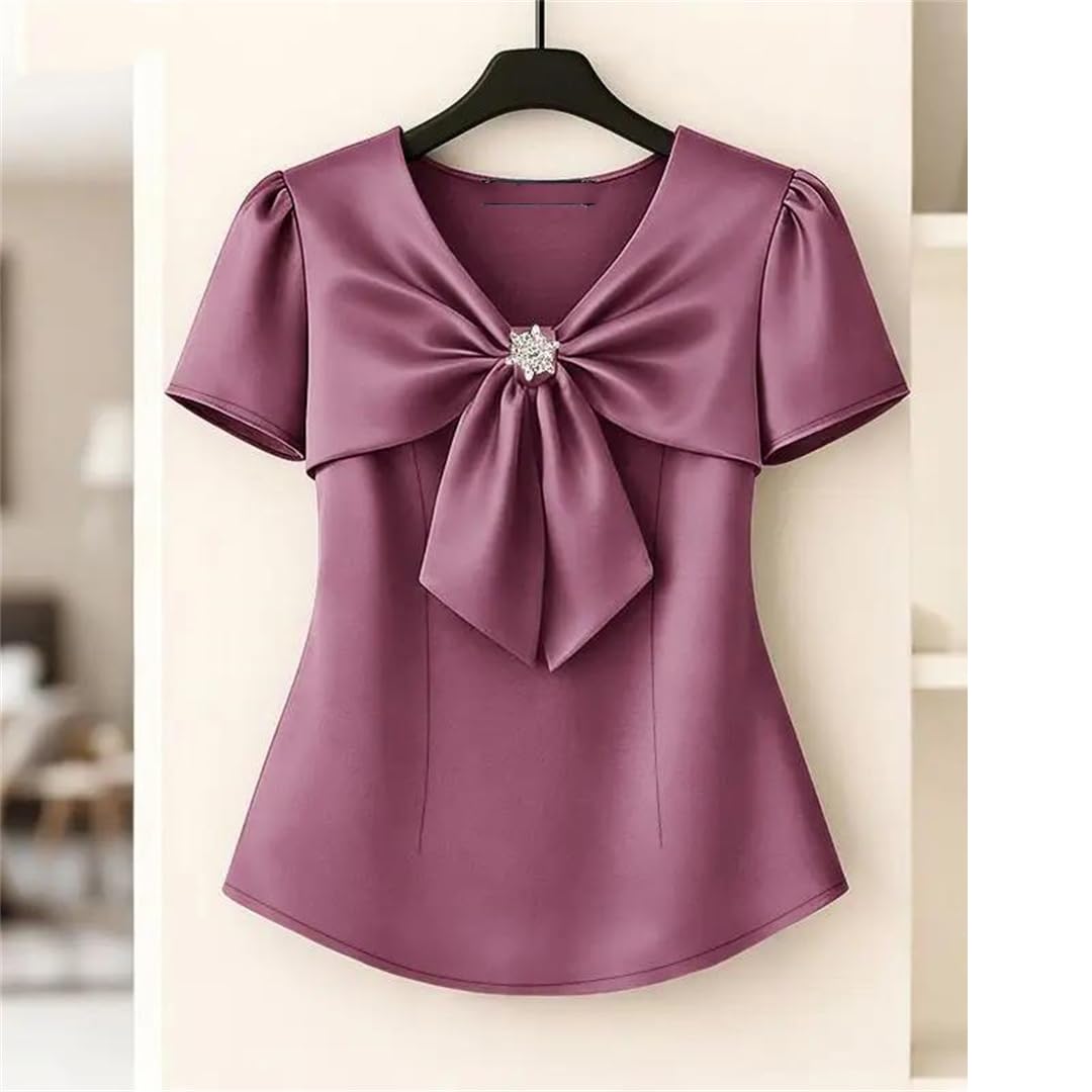 Yeuyyben Camicette eleganti da donna in raso con scollo a V manica corta annodato fiocco tinta unita top donna camicia da festa