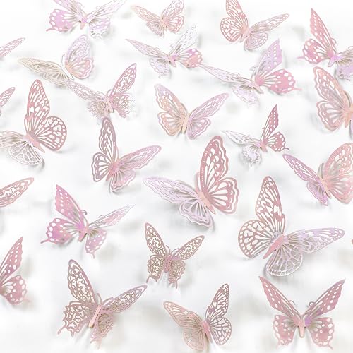 Phuryllic Butterfly Wall Decor, 48pcs 3D Butterfly Stickers in 3 Sizes & 4 Styles for Balloon Arch & Cake Decorations, Cute Decals for Girls Room & Birthday Party, Laser Pink