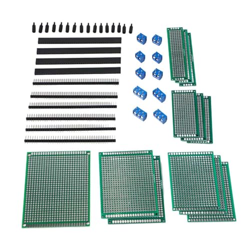URPIZY Juego de 12 placas PCB de doble cara FR4 con 5 tamaños, cuadrícula de 2,54 mm, estañado, incluye terminales de tornillo y listones de pines para proyectos electrónicos Arduino DIY