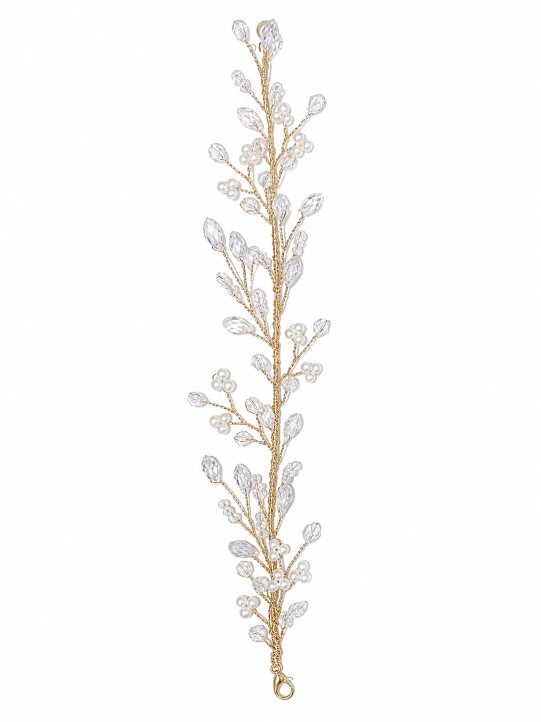 White Crystal and Pearl Hair Vine Tiara | Gold Wire Leaf Headband for Wedding | Bridal Hair Accessory | Stylish Headpiece for Girls & Women-image-14