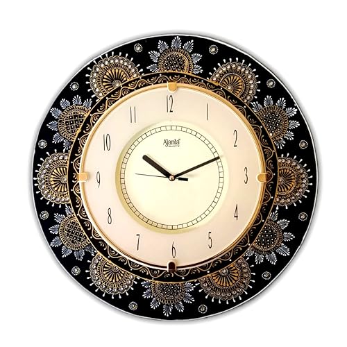 Image of Ajanta Handmade Wooden Black & Gold Designer Analog Wall Clock for Living Room, Home and Office|Large 41cm x 41cm|Ethenic Tic TOC Movement