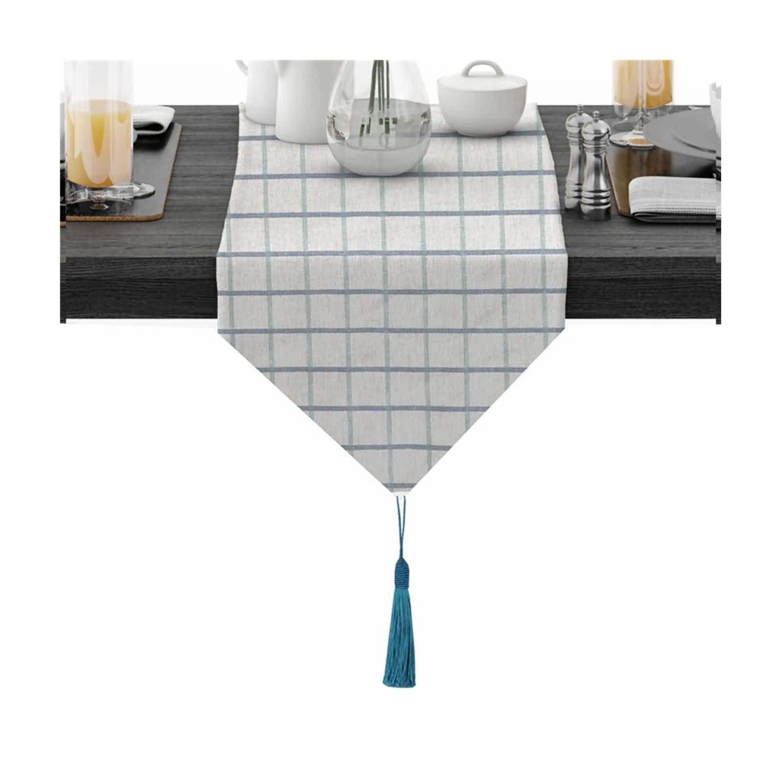 Table Runner Living Room, Tischläufer Herbst Blau Grau 30x280CM Gittermuster Baumwolle Tischdeko Wohnzimmer Küche Geburtstage Hochzeiten