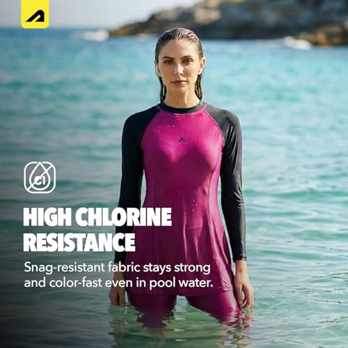 Image of Boldfit Swimming Suit for Women 2 Piece Swim Suit Set, Full Body Swimming Costume, Stretchable Fit Swimwear, Sleeve Swimsuit for Women Polyspandex Swimming Dress
