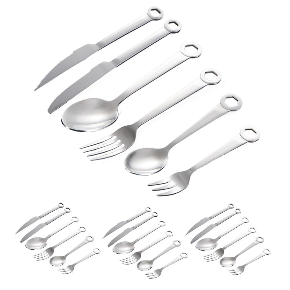 Unico Manico Della Chiave Da Cucina in Acciaio Inox Argenteria Stoviglie Posate Set Di Bistecca Coltello Forchetta Cucchiaio Cucchiaino Tè (A,24 pezzi)