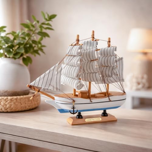 Image of HindCraft Wooden Sailing Ship Showpiece for Home Decor | Vintage Boat Model Decorative Tabletop for Living Room, Office & Gift