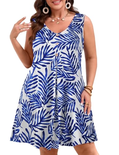 Image of JollieLovin Women Plus Size Summer Sundress Tank Sleeveless V Neck Beach Swing Dress Swimsuit Cover ups(L-5X)