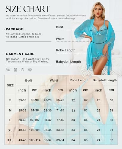 Image of RSLOVE Women Sexy Lingerie Set 3 Piece Babydoll & Lace Kimono Robe Strap Chemise Sleepwear Mesh Nightgown