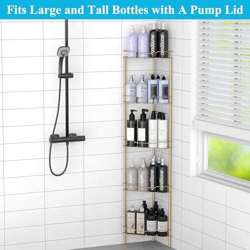 Image of HuggieGems 5 Tier Floor Standing Corner Shower Caddy Organizer Shelf with Hooks, Bathroom Shelves Stand Rack, Gold