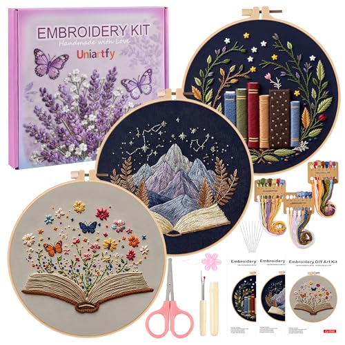 Image of Uniartfy 3 Pack Embroidery Starter Kit, Stamped Book Flower Mountain Butterfly Cross Stitch Kits for Beginners, Needlepoint Kits Adults with Embroidery Hoop and Instructions, Hand Embroidery Kit