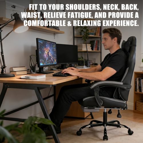 Image of Gaming Chair with Footrest and Massage Lumbar Support, Ergonomic Computer Gamer Chair, Office Video Game Chairs with Adjustable Height and Backrest (BlackGrey)