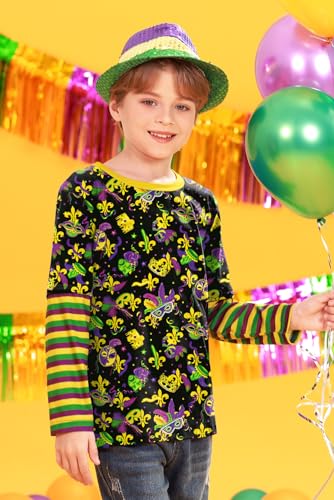 Image of Unisex Kids St Patrick's Mardi Gras Stripe Patchwork Long Sleeve Carnival Shirt 4-14 Years