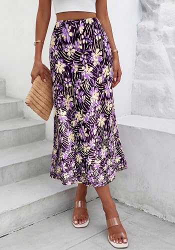 Image of BTFBM Satin Skirts for Women Trendy 2026 Summer Fall | High Waisted A-Line Leopard Print,Floral Print, Business Casual,Cocktail,Wedding Guest,Long Silk Midi Skirt