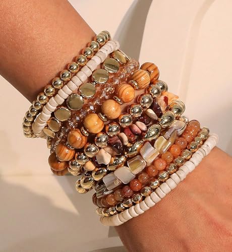iF YOU 12 Pcs Boho Beaded Bracelets for Women, Brown Orange Bohemian Stackable Gold Bead Stretch Bracelets Stack Jewelry Gift2