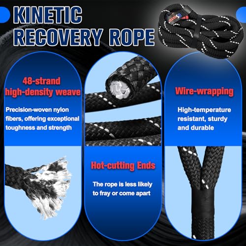 USYATO 1.26" x 30FT Kinetic Recovery Rope Kit,8.5 Ton (18,666Lbs) Working Load Nylon Tow Rope with Reflective Stripe,1/2in x 24in Soft Shackles,56,000Lbs Break Strength Heavy Duty Tow Strap,Black by USYATO - Image 3