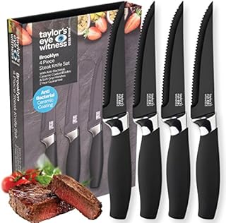Taylors Eye Witness Brooklyn Black Serrated Steak Knife Set - 4 PCE. Corrosion Free, Easy Clean, Anti-Bacterial, Hard Ceramic Coated Blade. Chrome Plated Bolster. Soft Grip Handle. 2 Year Guarantee.
