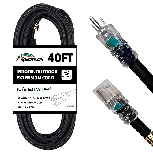 HONDERSON - Cable de extensión para exteriores con iluminación de 16/3 de calibre 16, cable de extensión SJTW, color negro con enchufe de 3 puntas para mayor seguridad, certificado UL