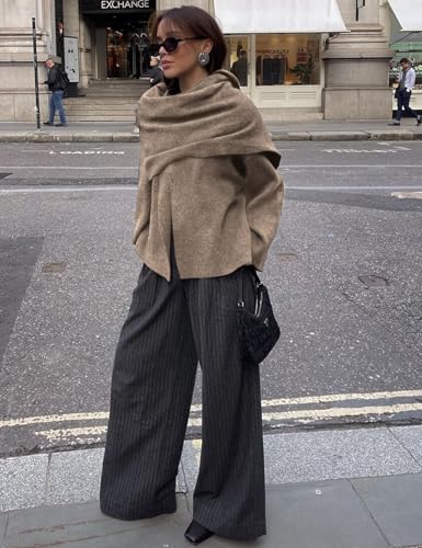 Wyeysyt Women's Crop Knit Scarf Coat High Low Long Sleeves Knit Cardigan with Undetachable Scarf3