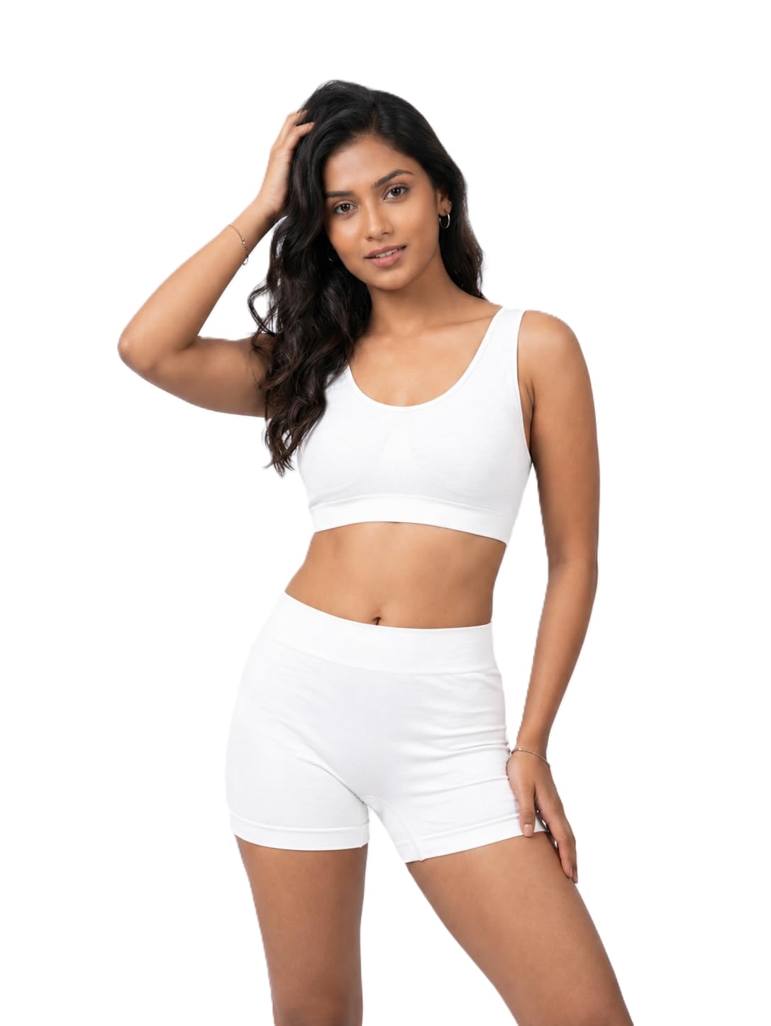 Women Seamless Sports Bra & Shorts Set Free Size (Fits 28–32) | Stretchable Gym Yoga Activewear Co-Ord Set | Mid Waist Shorts with Crop Top Bra | Black White Skin Colors-image-35