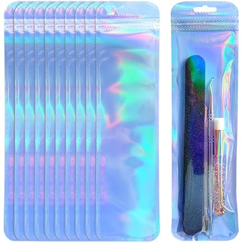 100PCS Holographic Packaging Bag, 2.5x9.4 inch Resealable Packaging Ziplock Bags for Small Business, Pen, Lipgloss, Jewelry, Candy (100pcs holographic blue bag) Cover