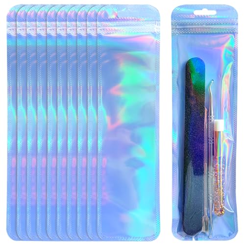 Lot de 100 sacs d'emballage holographiques, dimensions intérieures 5,5 x 21 cm, dimensions extérieures 6,5 x 24 cm, sacs d'emballage refermables avec fermeture à glissière pour petites entreprises