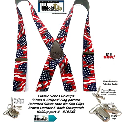 1 1/2" Wide Classic Series Stars & Stripes Xs Holdups In X-Back Style W/Usa Patented No-Slip® Silver Clips #TOP4