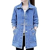 ZOCANIA Women's Denim Jaket Embroidery Button Dwon Long Sleeve Midi Jean Jacket Lapel Collar Oversized Trench Coats Shacket Slim Fit Spring Fall Overcoat with Pockets,L