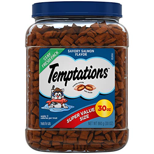TEMPTATIONS Classic Crunchy and Soft Cat Treats Savory Salmon Flavor, 30 oz. Tub, Makes a Great Holiday Cat Treat