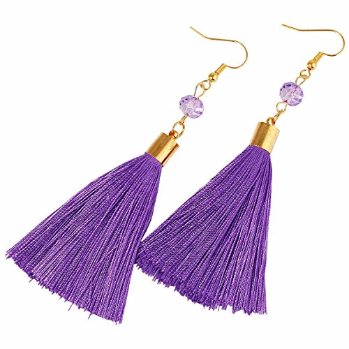 Tumbeelluwa Tassel Dangle Earrings Bead Fringe Thread Drop Earring Handmade Jewelry For Women,Purple Bead #TOP2