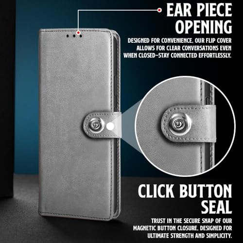 Image of WOW IMAGINE Shock Proof Flip Cover Back Case for 1+ OnePlus Nord CE 6 Lite 5G (Magnetic Button Flip Case | Wallet Pockets & Stand | Leather Finish | Stone Grey)