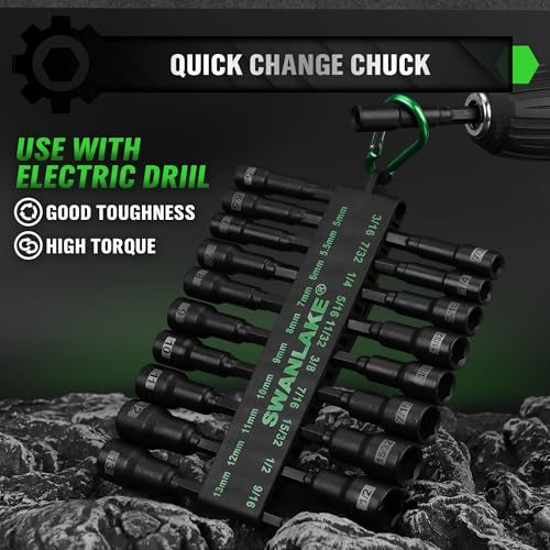 Image of Magnetic Nut Driver Set, 20-Piece Metric & SAE 1 /4 inch Hex Shank, Drill Socket Set, Impact Driver Bit Sets, Magnetic Bit Holder with Aluminum Alloy Snap Clip, 65mm Long Hex Bits, Quick Change Tool